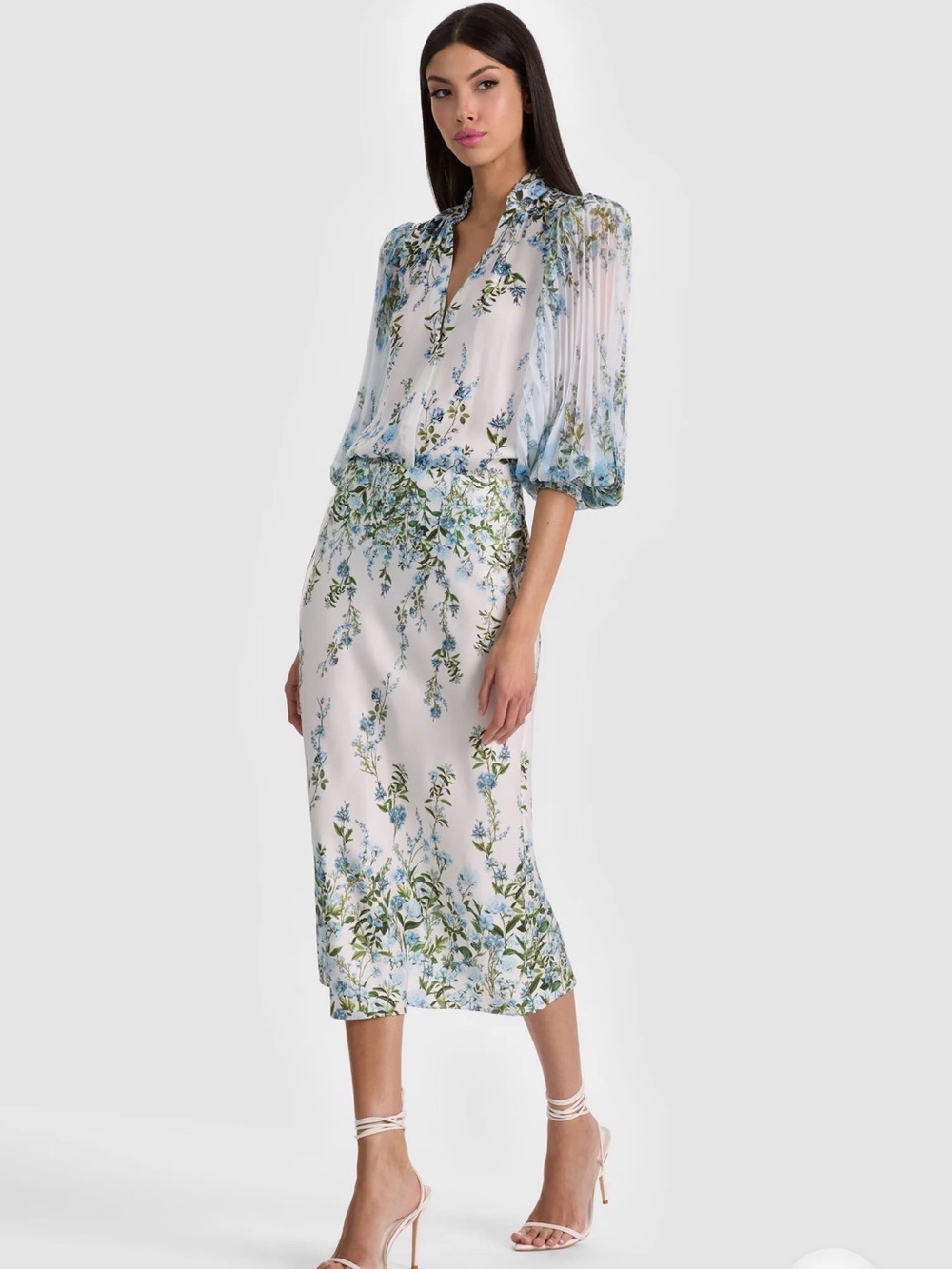 Alice + Olivia White Midi Skirt with Blue and Green Floral Print - Picture 3 of 5
